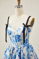 Load image into Gallery viewer, Floral White Blue A Line Short Corset Homecoming Dress with Bows