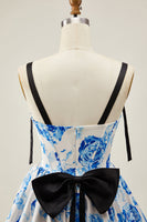 Load image into Gallery viewer, Floral White Blue A Line Short Corset Homecoming Dress with Bows