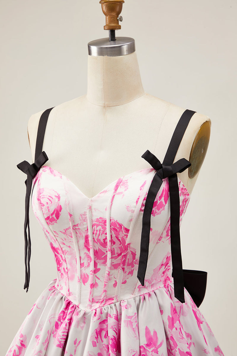 Load image into Gallery viewer, Floral White Fuchsia A Line Short Corset Homecoming Dress with Bows