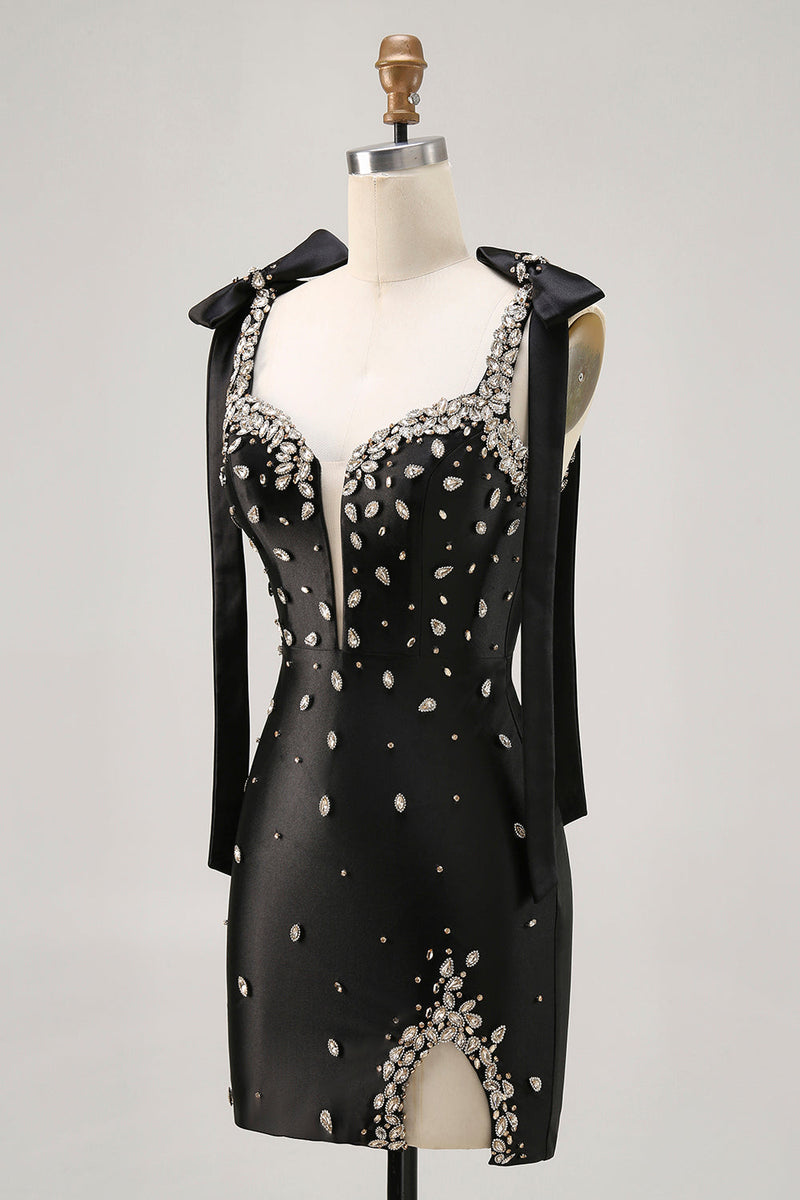 Load image into Gallery viewer, Black Sparkly Satin Tight Short Homecoming Dress with Rhinestones