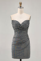 Load image into Gallery viewer, Sparkly Black Strapless Sequin Ruched Short Tight Homecoming Dress