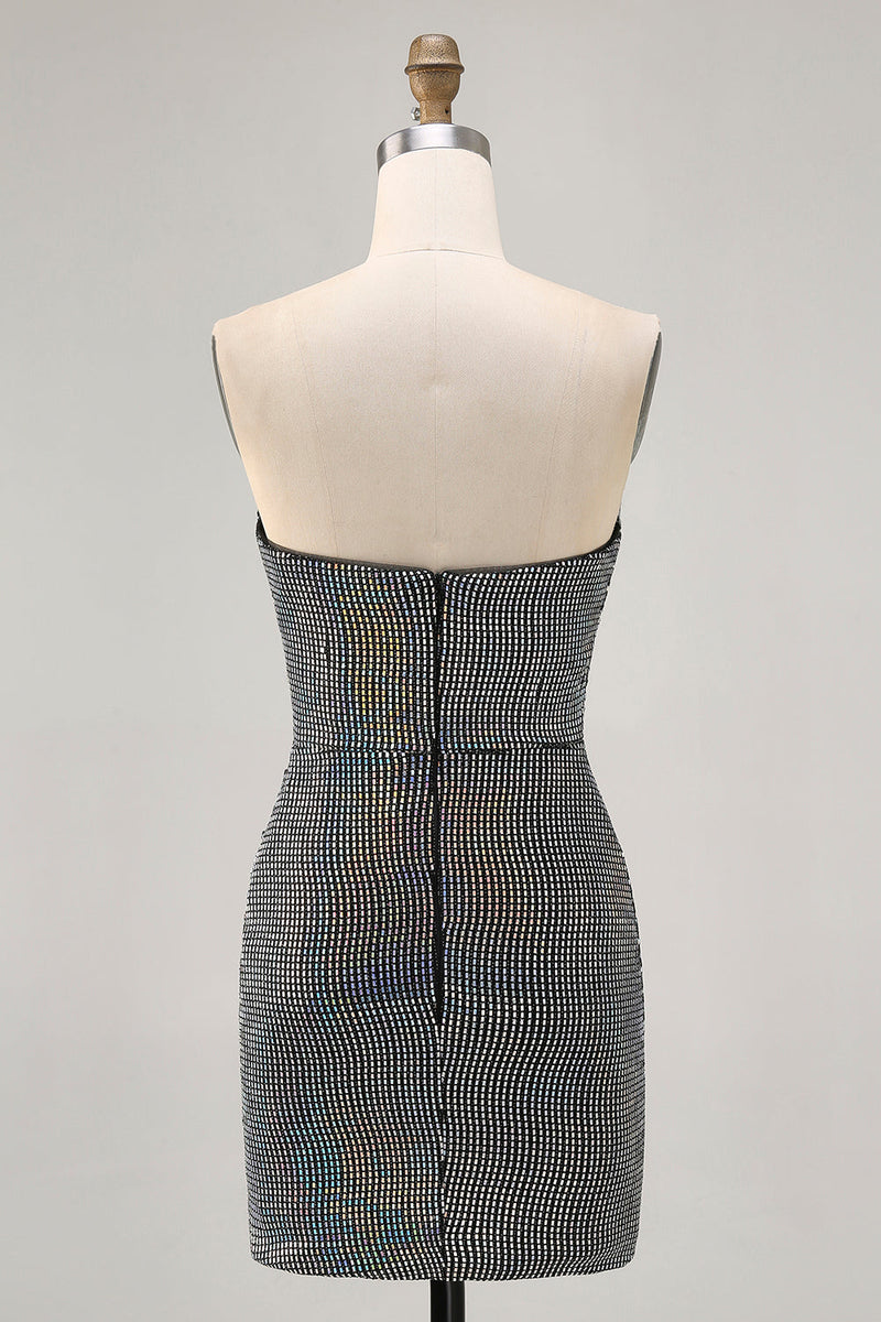 Load image into Gallery viewer, Sparkly Black Strapless Sequin Ruched Short Tight Homecoming Dress