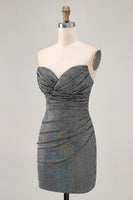 Load image into Gallery viewer, Sparkly Black Strapless Sequin Ruched Short Tight Homecoming Dress