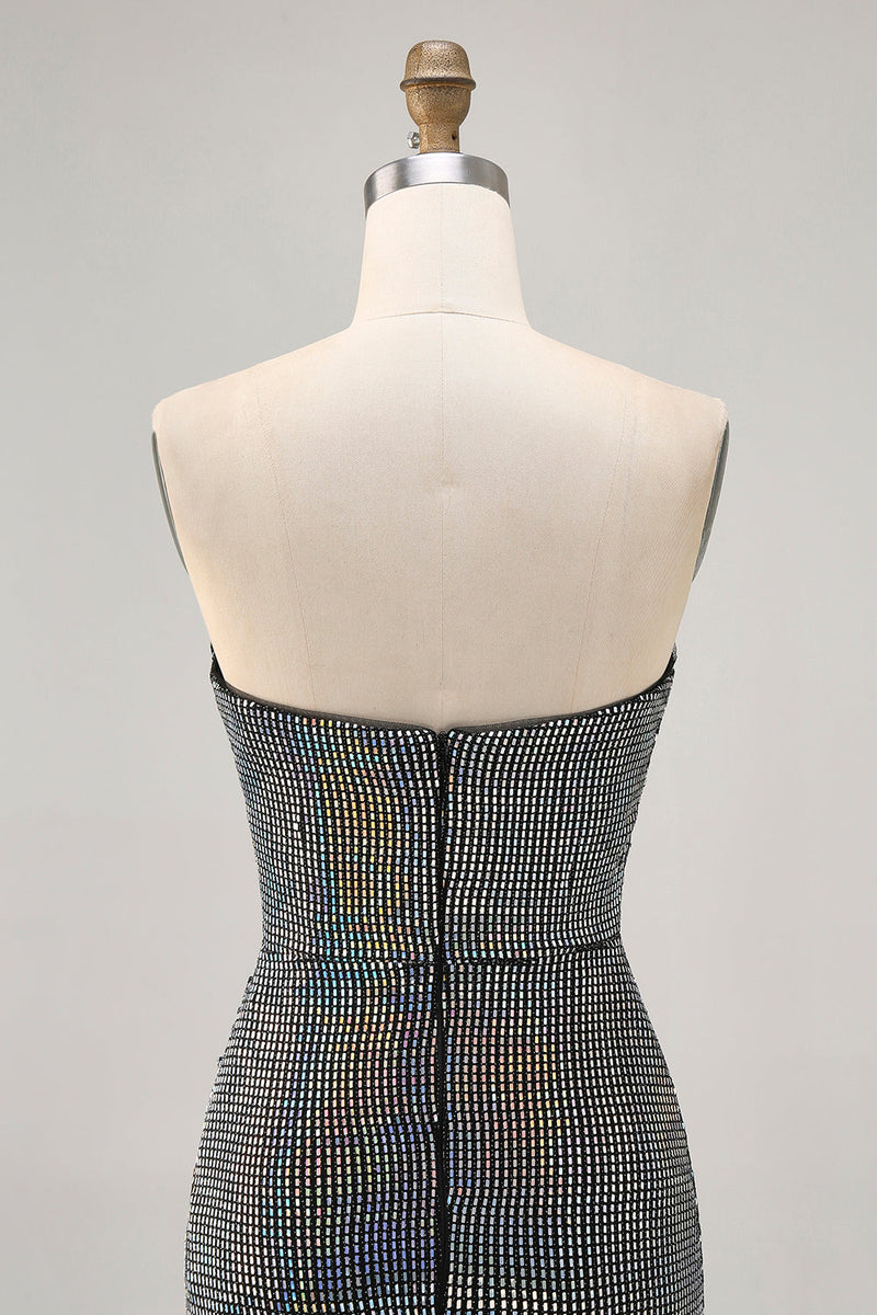 Load image into Gallery viewer, Sparkly White Silver Sequin Strapless Ruched Short Tight Homecoming Dress