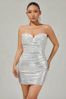 Load image into Gallery viewer, Sparkly Black Strapless Sequin Ruched Short Tight Homecoming Dress