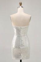 Load image into Gallery viewer, Sparkly White Silver Sequin Strapless Ruched Short Tight Homecoming Dress