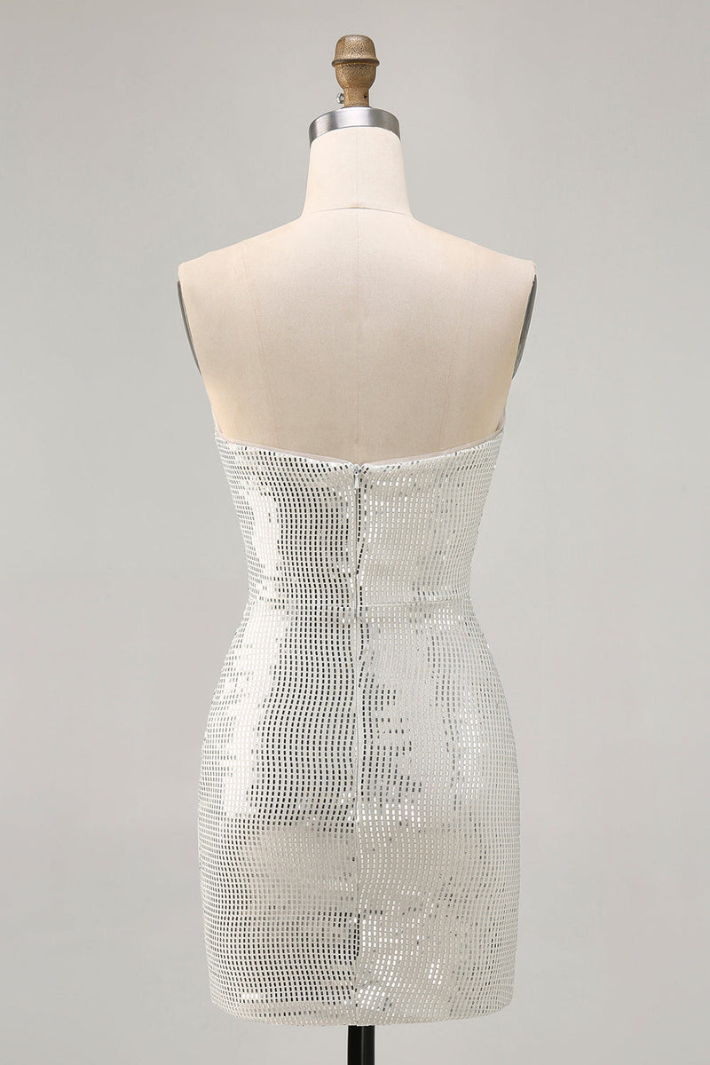 Load image into Gallery viewer, Sparkly White Silver Sequin Strapless Ruched Short Tight Homecoming Dress