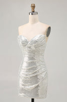Load image into Gallery viewer, Sparkly White Silver Sequin Strapless Ruched Short Tight Homecoming Dress
