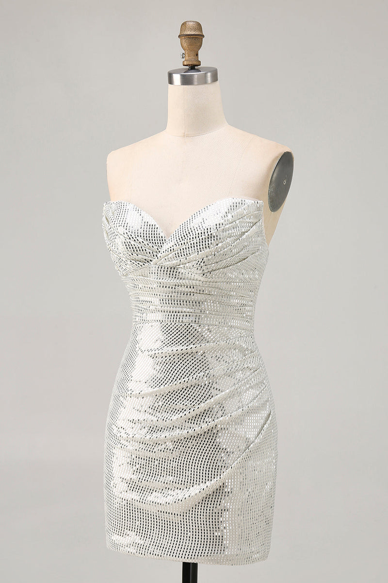 Load image into Gallery viewer, Sparkly White Silver Sequin Strapless Ruched Short Tight Homecoming Dress