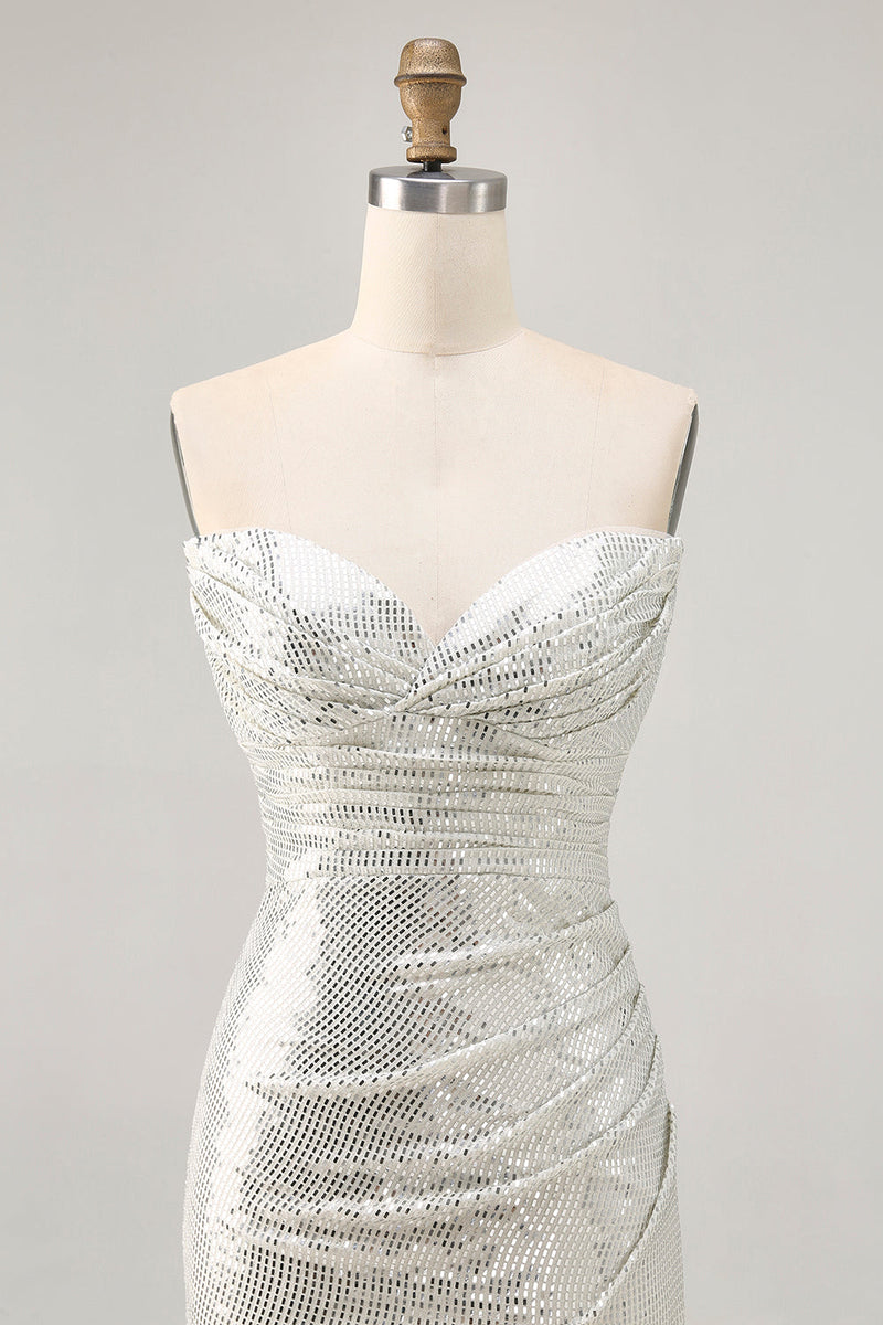 Load image into Gallery viewer, Sparkly White Silver Sequin Strapless Ruched Short Tight Homecoming Dress
