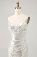 Load image into Gallery viewer, Sparkly White Silver Sequin Strapless Ruched Short Tight Homecoming Dress
