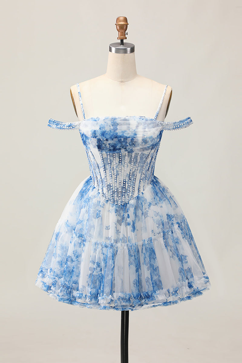 Load image into Gallery viewer, White Blue Flower Cold Shoulder A Line Short Corset Homecoming Dress