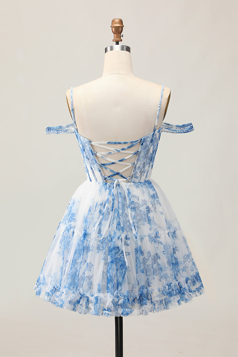 Load image into Gallery viewer, White Blue Flower Cold Shoulder A Line Short Corset Homecoming Dress