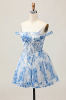 Load image into Gallery viewer, White Blue Flower Cold Shoulder A Line Short Corset Homecoming Dress