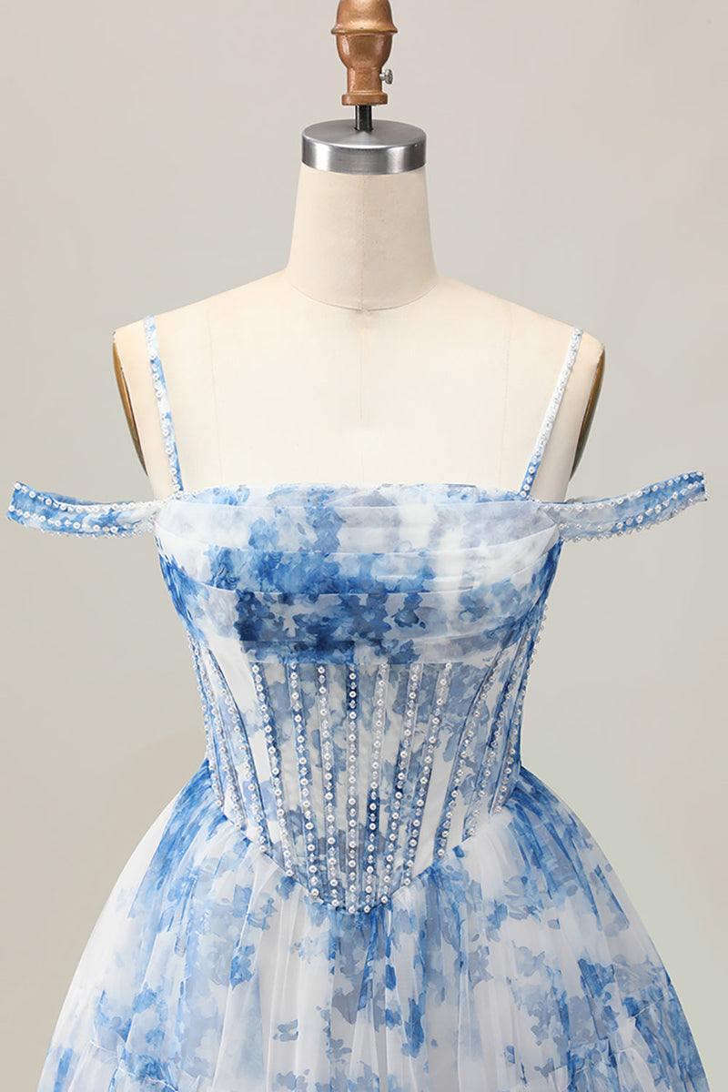 Load image into Gallery viewer, White Blue Flower Cold Shoulder A Line Short Corset Homecoming Dress