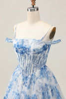Load image into Gallery viewer, White Blue Flower Cold Shoulder A Line Short Corset Homecoming Dress