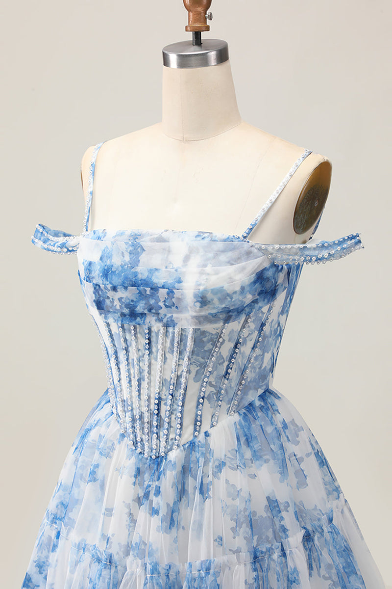 Load image into Gallery viewer, White Blue Flower Cold Shoulder A Line Short Corset Homecoming Dress