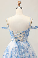 Load image into Gallery viewer, White Blue Flower Cold Shoulder A Line Short Corset Homecoming Dress