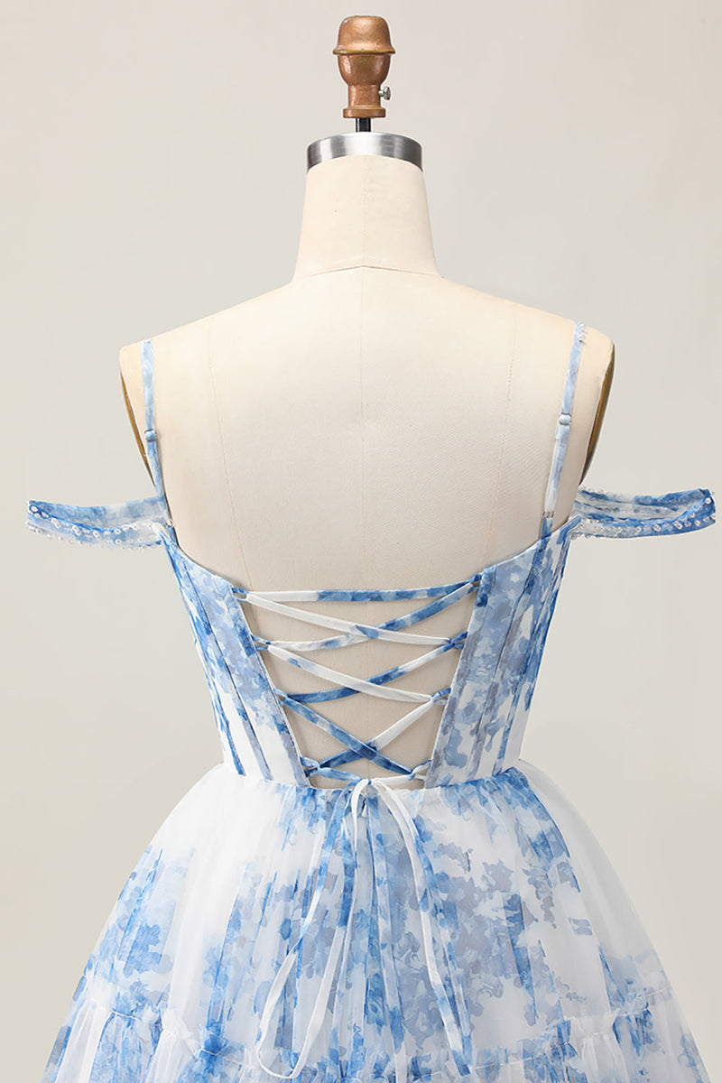 Load image into Gallery viewer, White Blue Flower Cold Shoulder A Line Short Corset Homecoming Dress