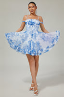 Load image into Gallery viewer, White Blue Flower Cold Shoulder A Line Short Corset Homecoming Dress