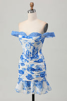 Load image into Gallery viewer, Floral White and Blue Corset Tight Short Homecoming Dress with Appliques