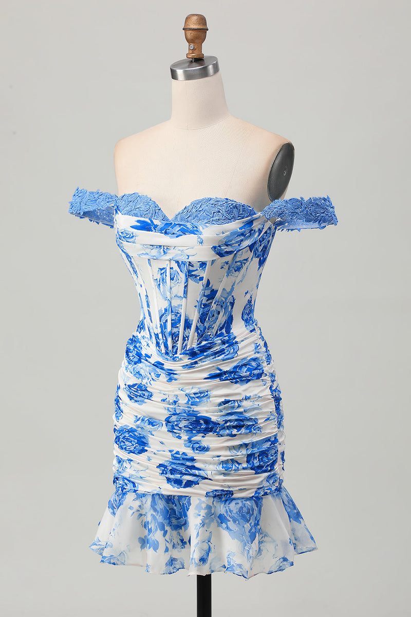 Load image into Gallery viewer, Floral White and Blue Corset Tight Short Homecoming Dress with Appliques