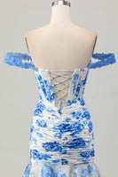 Load image into Gallery viewer, Floral White and Blue Corset Tight Short Homecoming Dress with Appliques