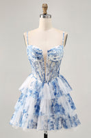Load image into Gallery viewer, White and Blue Ruffled Floral Short Corset Homecoming Dress with Pearls