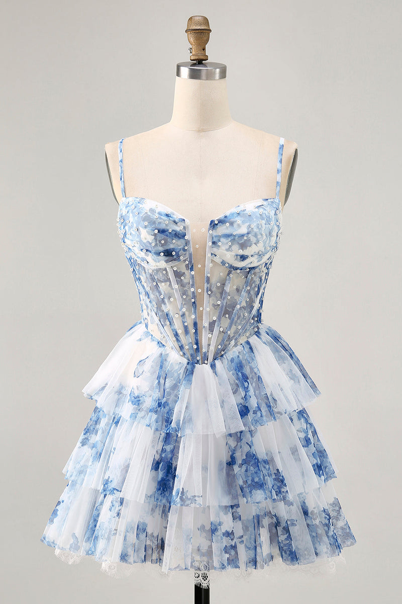 Load image into Gallery viewer, White and Blue Ruffled Floral Short Corset Homecoming Dress with Pearls