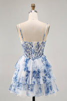 Load image into Gallery viewer, White and Blue Ruffled Floral Short Corset Homecoming Dress with Pearls