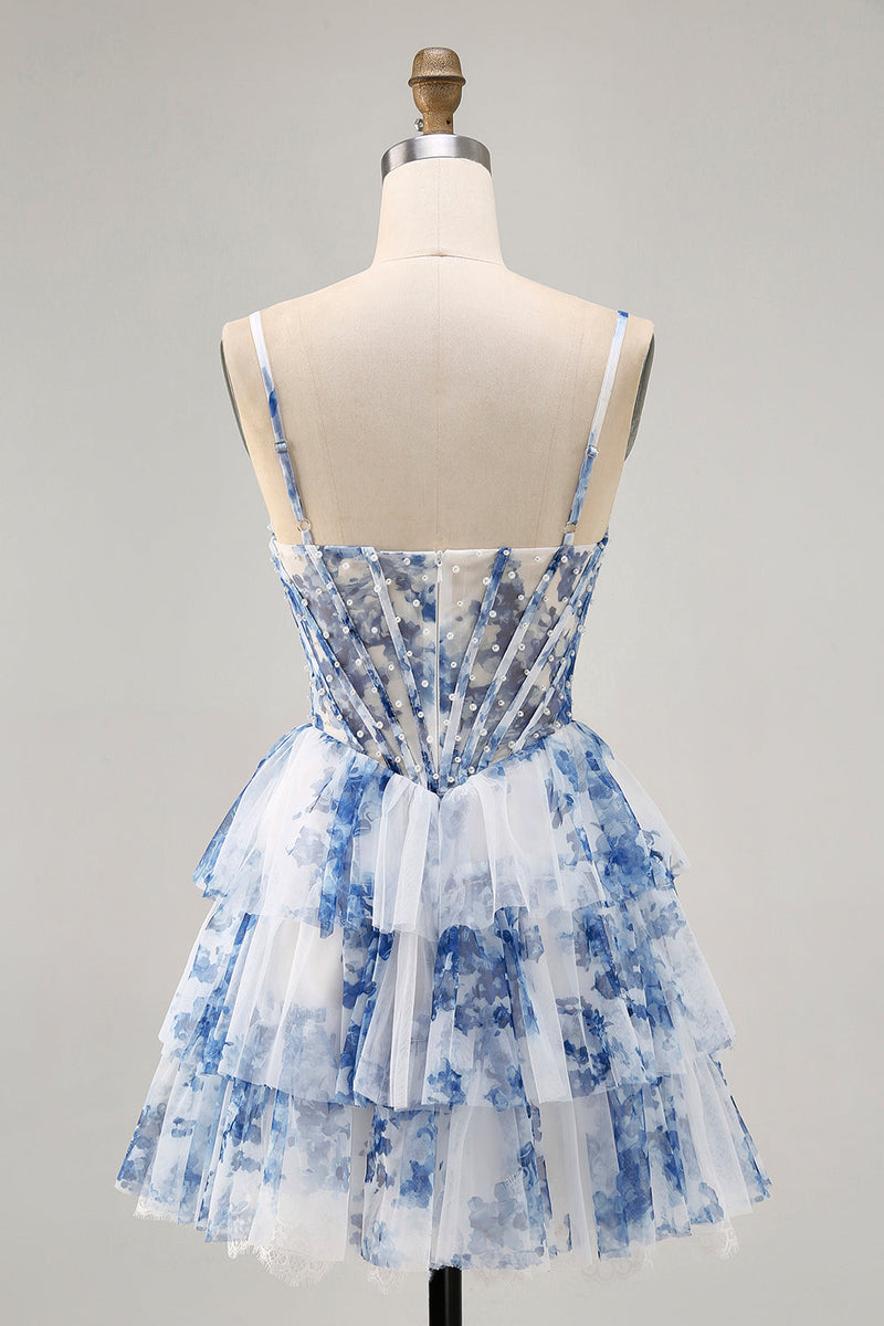 Load image into Gallery viewer, White and Blue Ruffled Floral Short Corset Homecoming Dress with Pearls