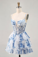 Load image into Gallery viewer, White and Blue Ruffled Floral Short Corset Homecoming Dress with Pearls