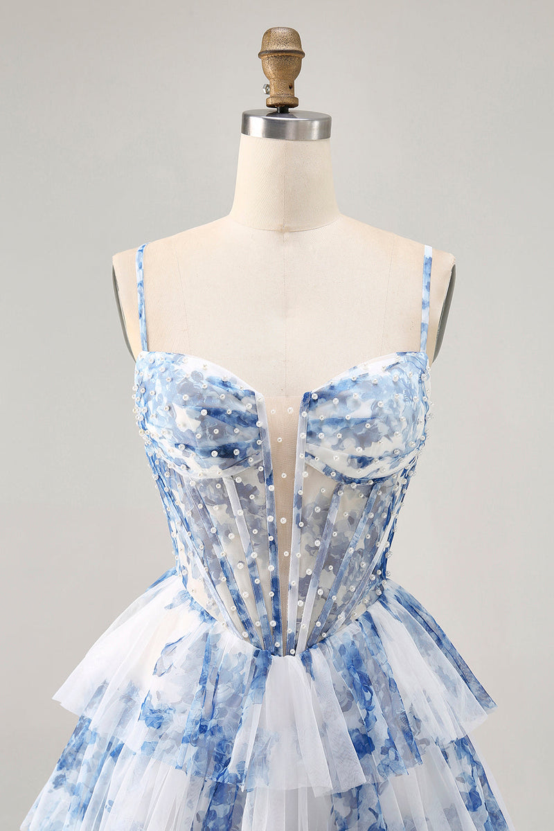 Load image into Gallery viewer, White and Blue Ruffled Floral Short Corset Homecoming Dress with Pearls
