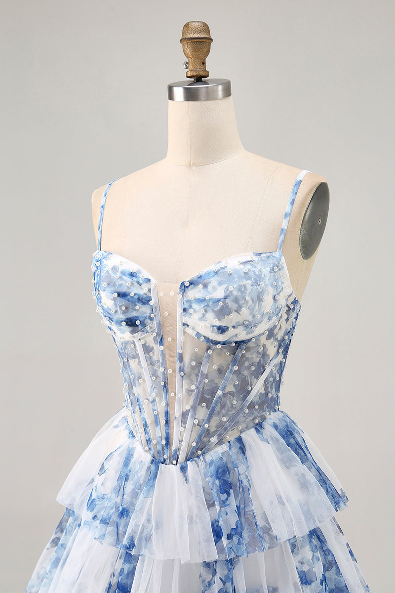 Load image into Gallery viewer, White and Blue Ruffled Floral Short Corset Homecoming Dress with Pearls