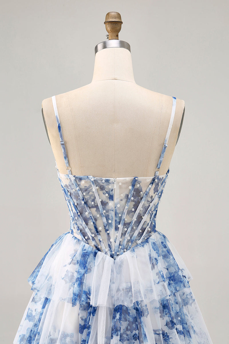 Load image into Gallery viewer, White and Blue Ruffled Floral Short Corset Homecoming Dress with Pearls