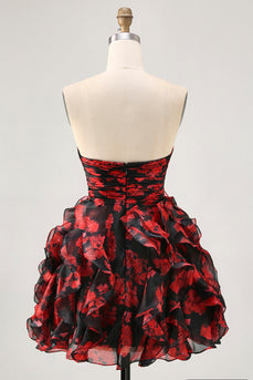 Black and Red Floral Sweetheart Cut Out Short Homecoming Dress with Ruffles