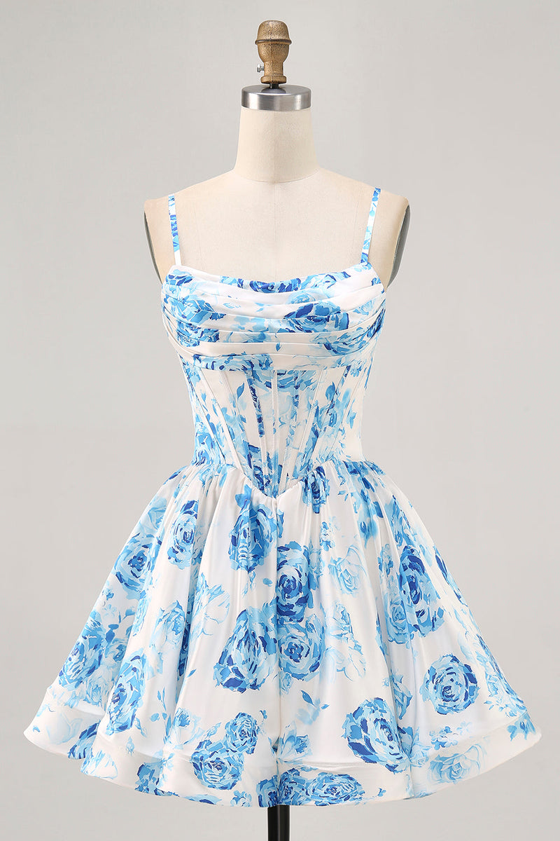 Load image into Gallery viewer, Floral White and Blue Corset Ruched Satin Short Homecoming Dress
