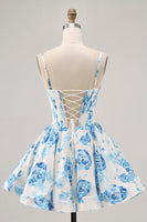 Load image into Gallery viewer, Floral White and Blue Corset Ruched Satin Short Homecoming Dress