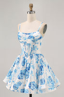 Load image into Gallery viewer, Floral White and Blue Corset Ruched Satin Short Homecoming Dress