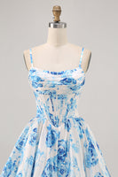 Load image into Gallery viewer, Floral White and Blue Corset Ruched Satin Short Homecoming Dress