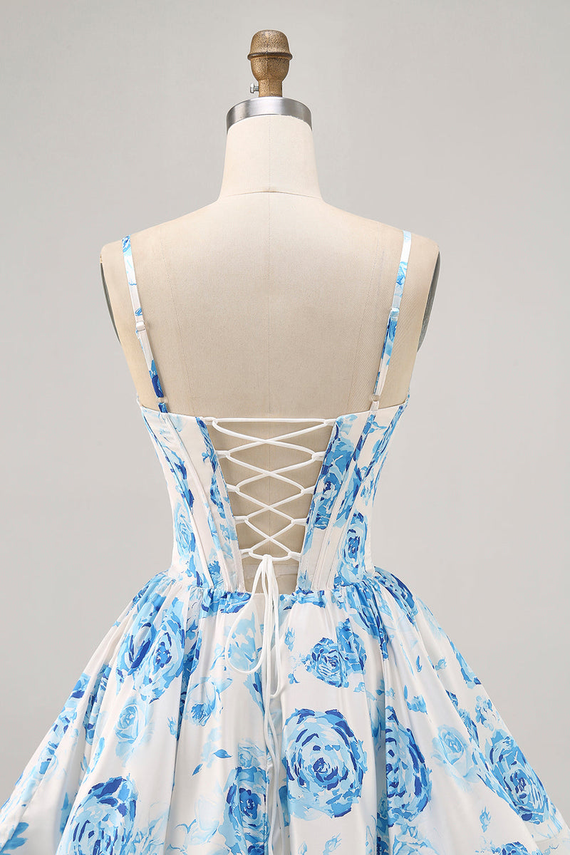 Load image into Gallery viewer, Floral White and Blue Corset Ruched Satin Short Homecoming Dress
