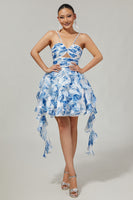 Load image into Gallery viewer, White and Blue Ruched Floral Ruffled Short Homecoming Dress with Pearls