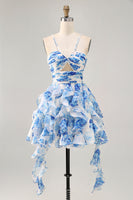 Load image into Gallery viewer, White and Blue Ruched Floral Ruffled Short Homecoming Dress with Pearls