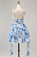 Load image into Gallery viewer, White and Blue Ruched Floral Ruffled Short Homecoming Dress with Pearls