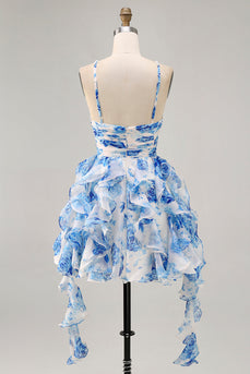 White and Blue Ruched Floral Ruffled Short Homecoming Dress with Pearls