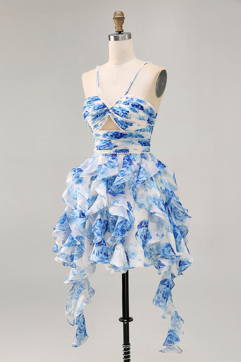 Load image into Gallery viewer, White and Blue Ruched Floral Ruffled Short Homecoming Dress with Pearls
