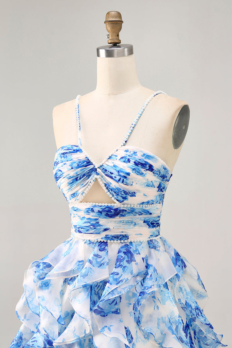 Load image into Gallery viewer, White and Blue Ruched Floral Ruffled Short Homecoming Dress with Pearls