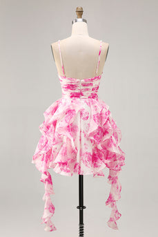 White and Fuchsia Floral Ruched Ruffled Short Homecoming Dress with Pearls