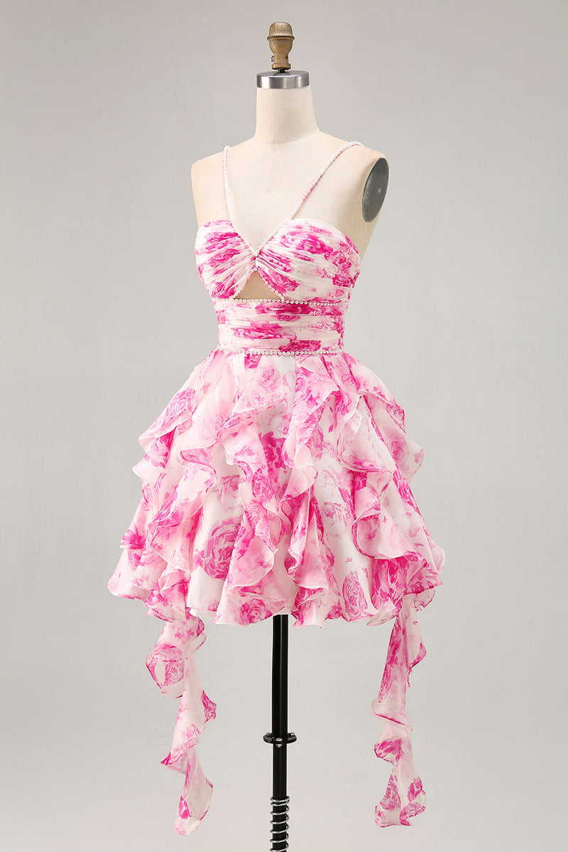 Load image into Gallery viewer, White and Fuchsia Floral Ruched Ruffled Short Homecoming Dress with Pearls