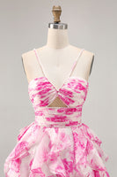 Load image into Gallery viewer, White and Fuchsia Floral Ruched Ruffled Short Homecoming Dress with Pearls